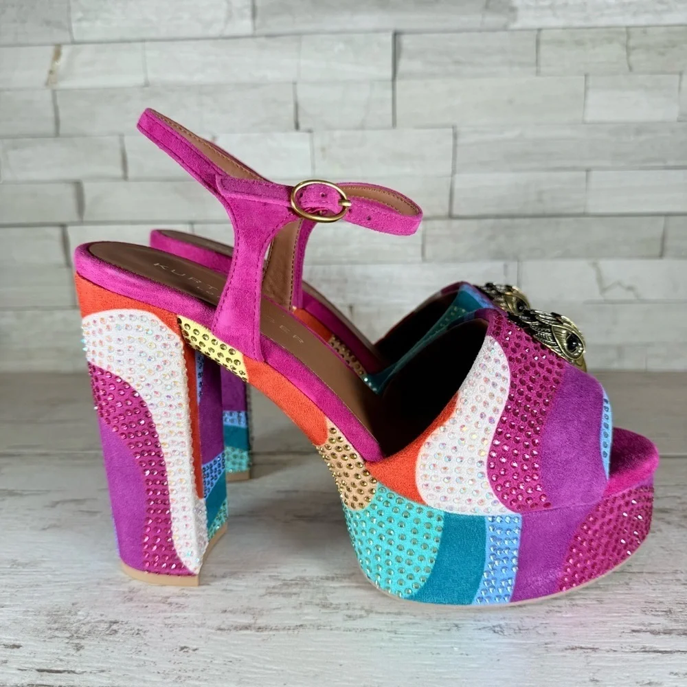 Kurt Geiger London Kensington Glitz Rainbow Rhinestone Platform Sandals SZ 40.5